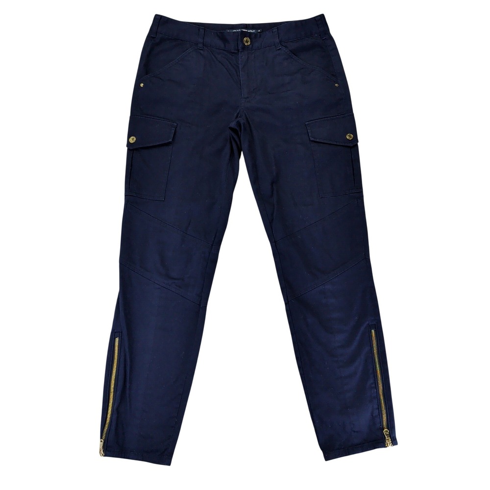 Ralph Lauren Golf‎ Womens Navy Blue Cargo Skinny Ankle Pants Gold Zip Hem Size 4